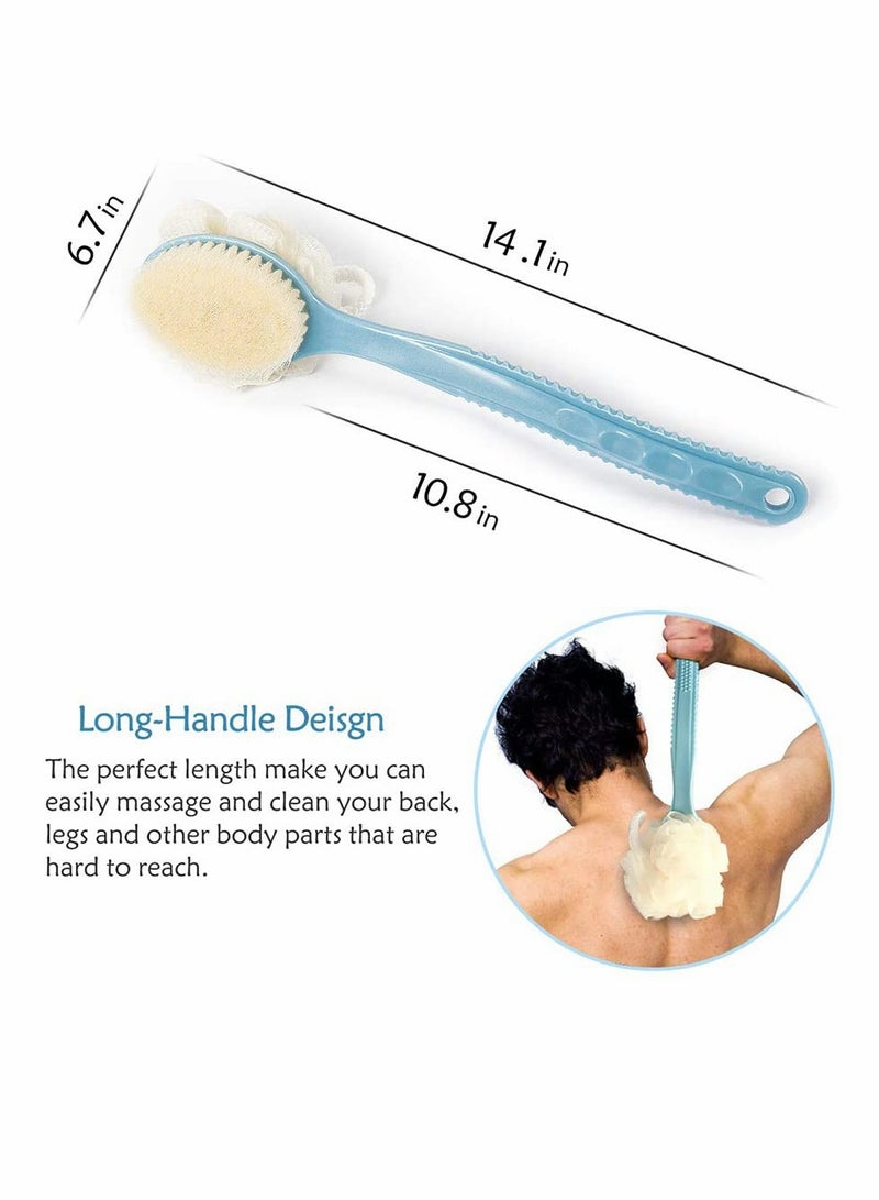 Bath Brush 2-in-1 Back Scrubber Long Handled With Ball Mesh Luffa Pouf Sponge Bathroom Tool Accessories (Blue) - Image 4