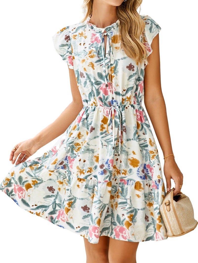 Simplee Apparel Simplee Womens Summer Dress 2025 V-Neck Drawstring Ruffle Cap Sleeve Side Pockets Floral Short Dress Flowy Sundress(White Floral M) - Image 1