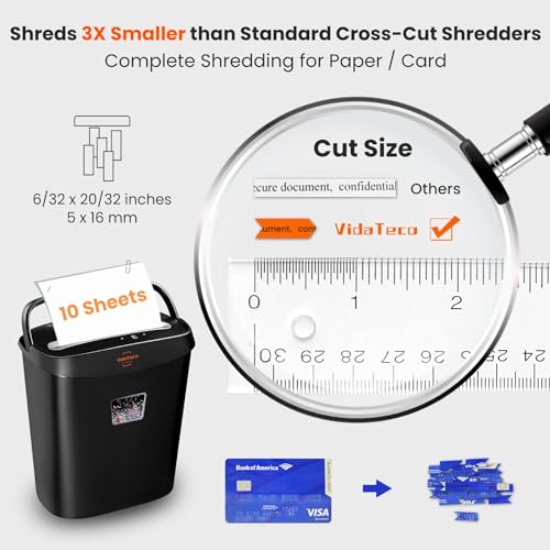 VidaTeco Micro-Cut Paper Shredder 10-Sheet Shreds Paper/Card/Staple/Clip Paper Shredder for Home Office Security Level P-4 Jam Proof System 15L Pullout Basket - Image 4