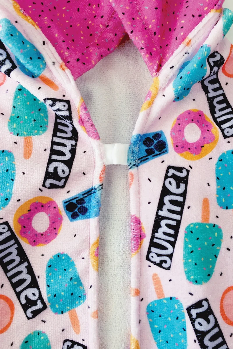 Hamur Dough Hooded Children's Beach Towel Summer Cute Fussia with Snaps on the Front
