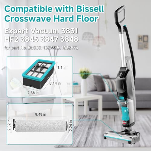 FFsign 3831 Roller Brush & Filter Replacement Compatible with Bissell Crosswave Hard Floor Expert 3831, HF2 3845N Vacuum, Floor Scrubber Wet Dry Vacuum Accessory Kit 2 Brush Rolls, 2 Filter Parts - Image 2