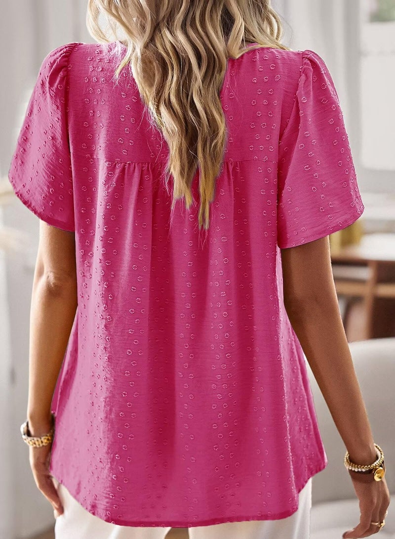 Falechay Hot Pink Tops for Women Cute Womens Blouses Boho Shirts Lace Solid Pullover Crewneck Pom Pom Chiffon Babydoll Flowy Swiss Dots Loose L - Image 3