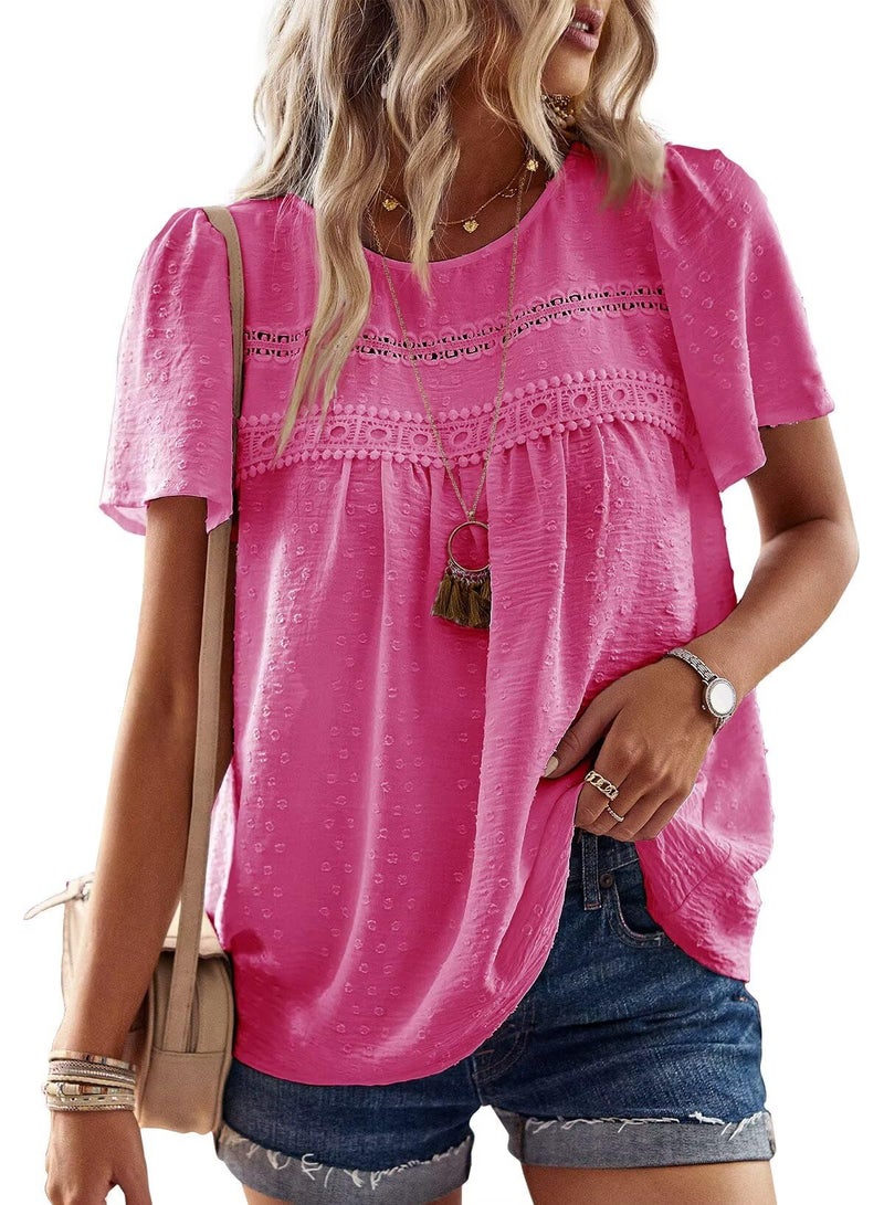Falechay Hot Pink Tops for Women Cute Womens Blouses Boho Shirts Lace Solid Pullover Crewneck Pom Pom Chiffon Babydoll Flowy Swiss Dots Loose L - Image 1