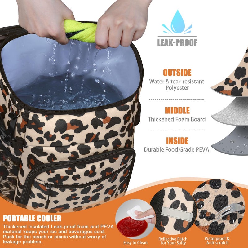Capolo Cooler Backpack Insulated Leakproof Waterproof Backpack Cooler Bag 30 Cans, Large Capacity Lightweight Travel Camping Beach Drink Beverage Beer Bag Cooler Ice Chest for Men and Women, Leopard - Image 3