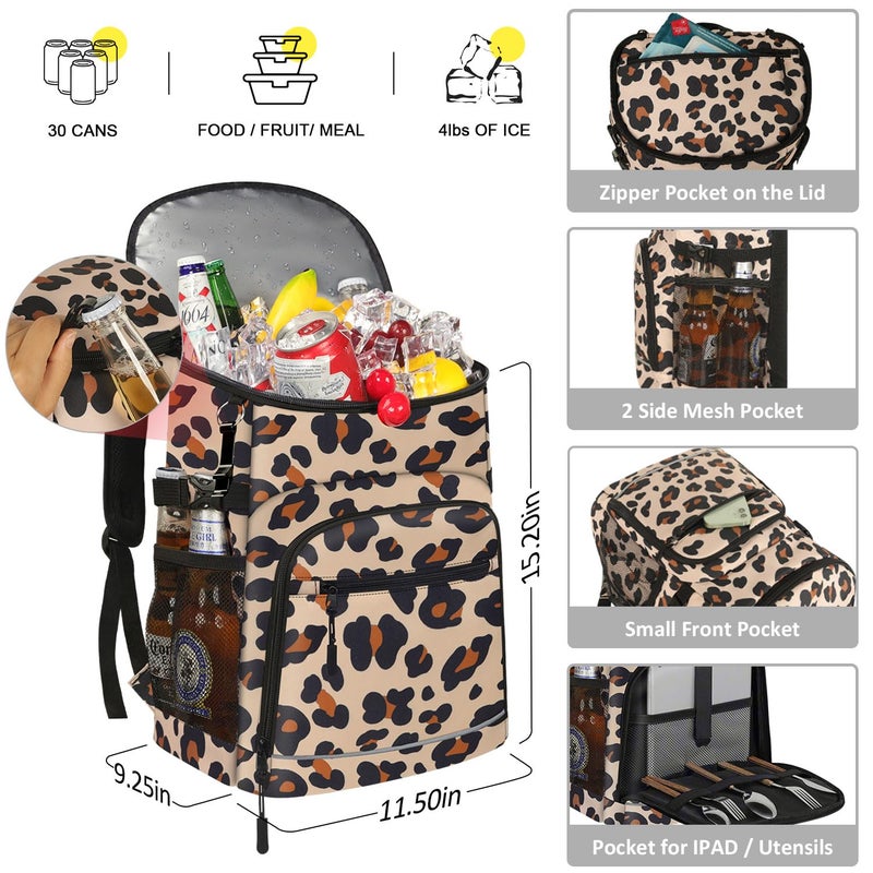 Capolo Cooler Backpack Insulated Leakproof Waterproof Backpack Cooler Bag 30 Cans, Large Capacity Lightweight Travel Camping Beach Drink Beverage Beer Bag Cooler Ice Chest for Men and Women, Leopard - Image 2