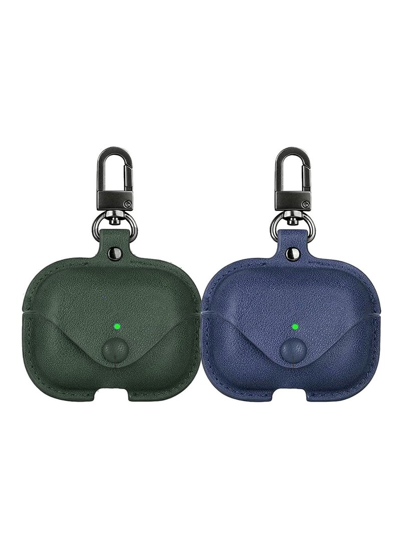 YOMNA - YOMNA Protective Leather Case Compatible with AirPods Pro 2 Case, Wireless Charging Case Headphones EarPods, Soft Leather Cover with Carabiner Clip (Dark Green/Navy Blue) - (Set of 2) - Image 1