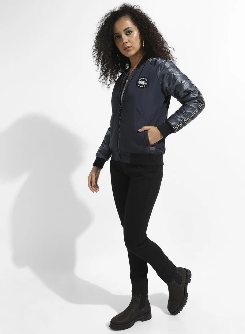 Pinacolada  Women's Blue Zip-Front Bomber Jacket With Camouflage Sleeves for Women | Best Price UAE