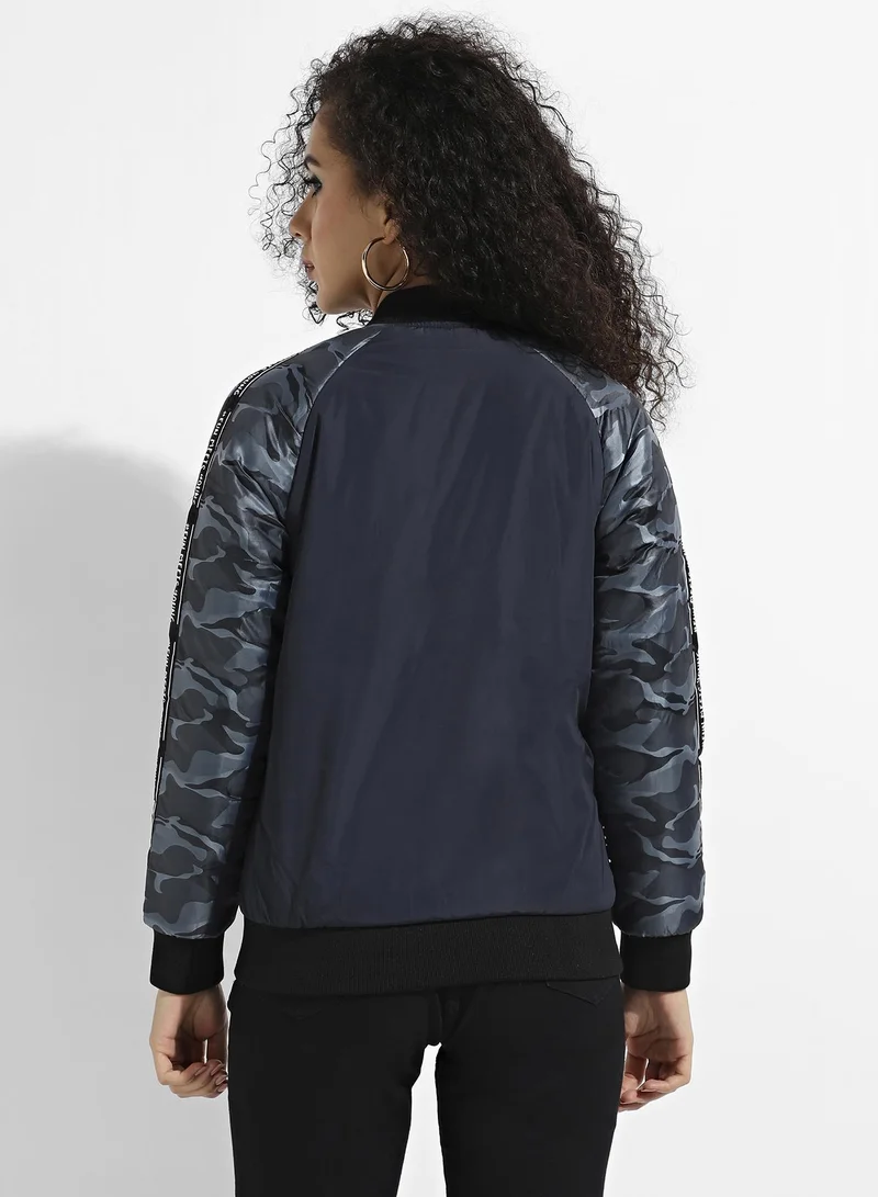 Pinacolada  Women's Blue Zip-Front Bomber Jacket With Camouflage Sleeves for Women | Best Price UAE