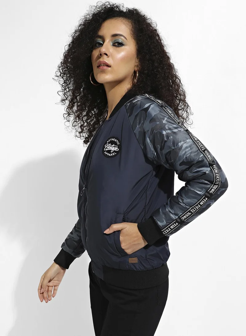 Pinacolada  Women's Blue Zip-Front Bomber Jacket With Camouflage Sleeves for Women | Best Price UAE