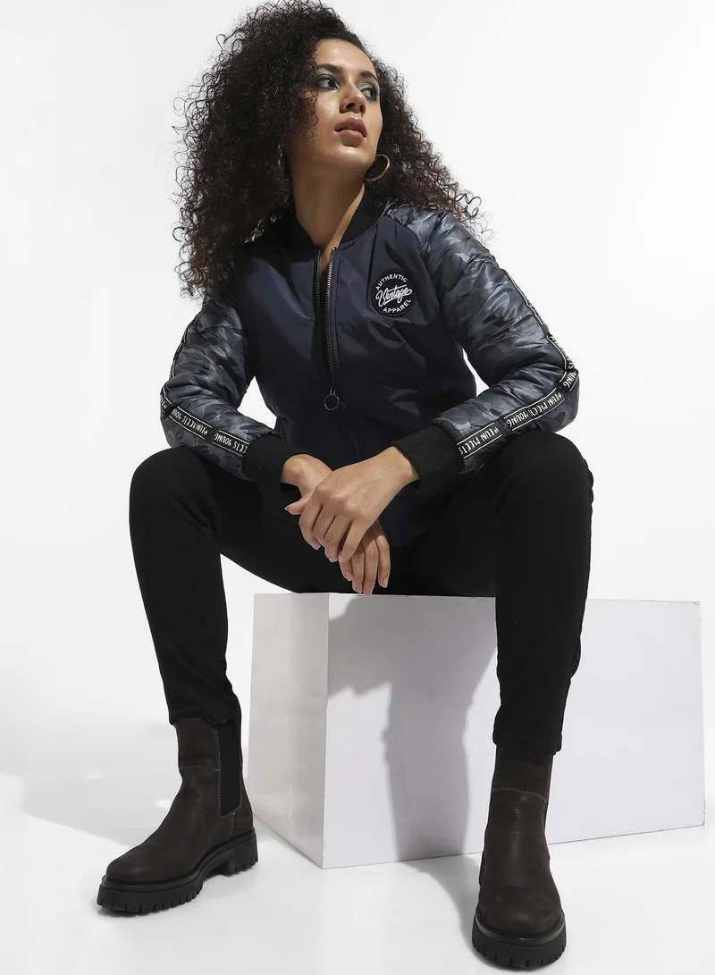 Pinacolada  Women's Blue Zip-Front Bomber Jacket With Camouflage Sleeves for Women | Best Price UAE