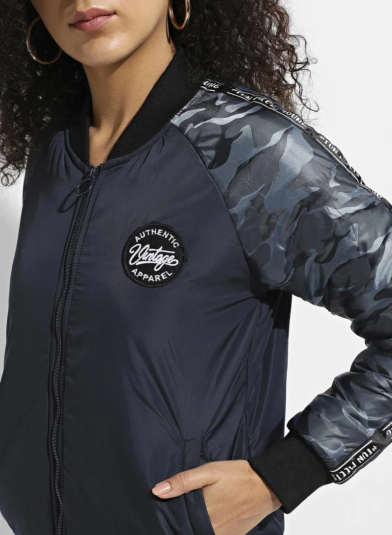 Pinacolada  Women's Blue Zip-Front Bomber Jacket With Camouflage Sleeves for Women | Best Price UAE