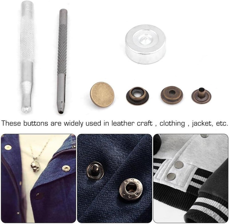 woobles Metal Snap Fastener, 15 Sets Metal Snap Buttons Kit with Press Stud Fasteners Tool for Leather Craft Clothes Jacket Bags Repair Punch Set Tool Snaps and Fasteners Kit for Leather (Black Nickel 201#) - Image 3