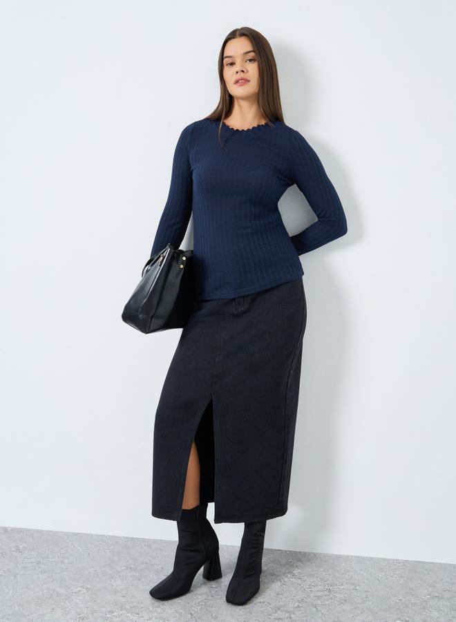 Styli Navy Textured Knit Top with Scalloped Neck - Image 2