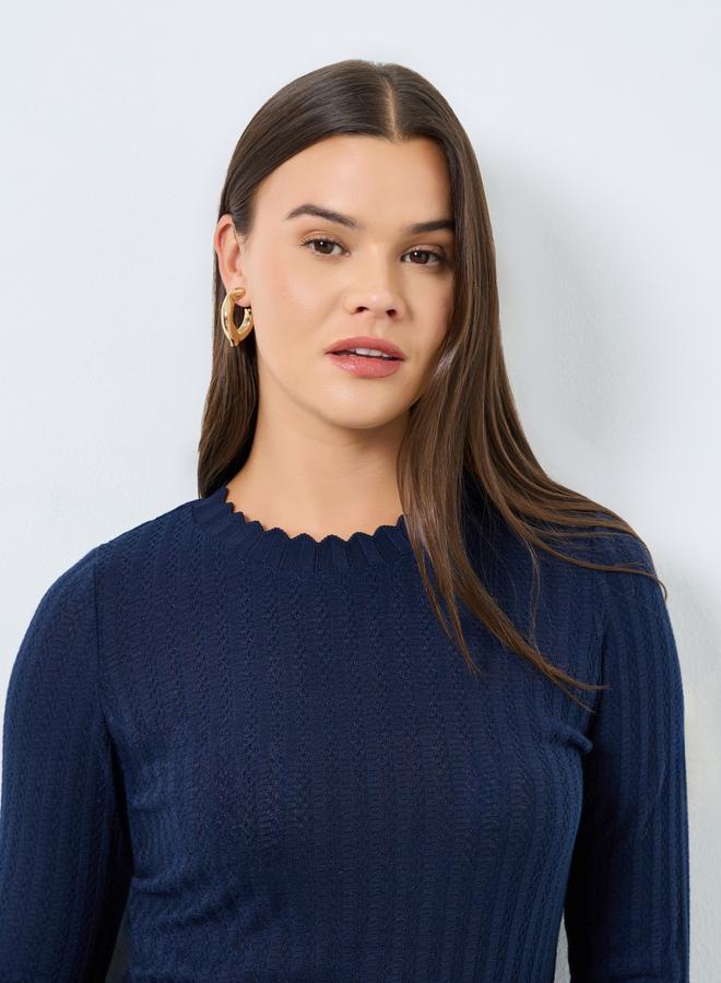 Styli Navy Textured Knit Top with Scalloped Neck - Image 3