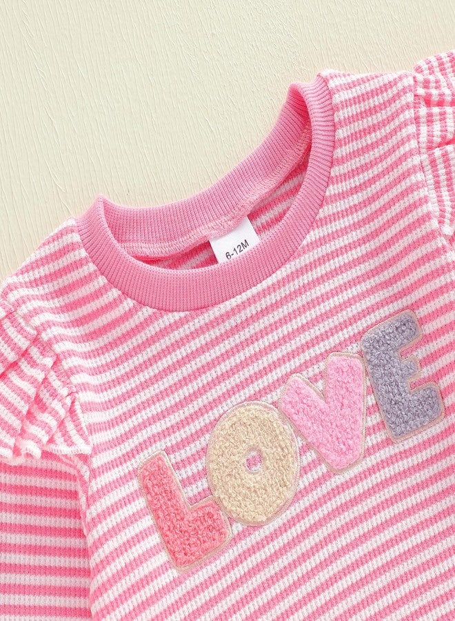 Socutebabe ملابس أطفال بنات من Socutebabe، أطقم خريف وشتاء للمواليد الجدد، كنزات بأكمام طويلة وياقة دائرية وبنطلونات مطرزة بكلمة "حب"، مقاس 0-24 شهرًا، لون وردي فاتح بنقشة الوافل، مقاس 6-12 شهرًا - Image 3