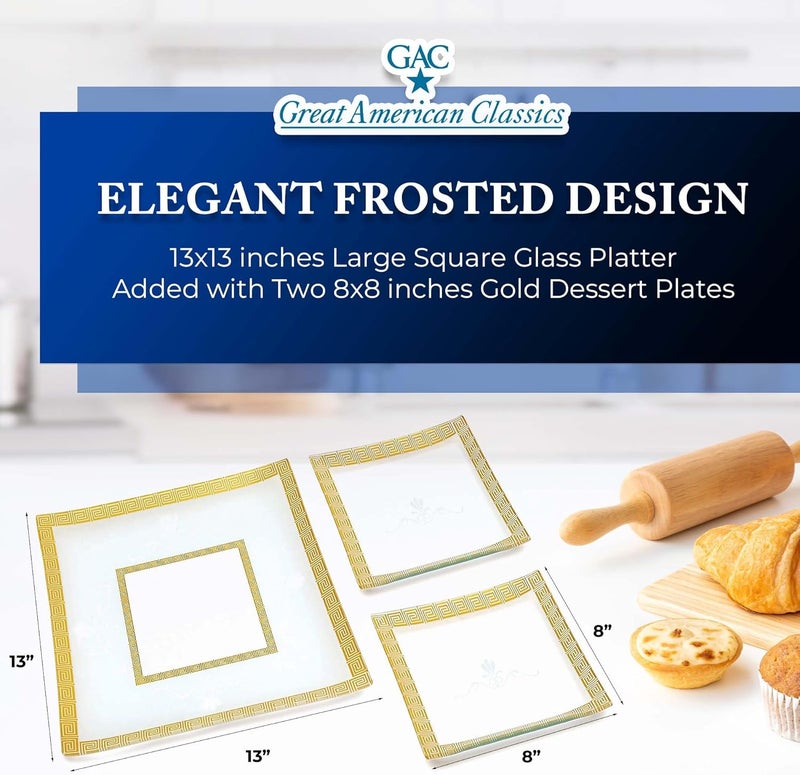 GAC Elegant Set of 3 Square Tempered Glass Platters  Plates  1 Large 13x13Inch Serving Tray  2 Stylish 8Inch Gold Dessert Plates Durable Microwave  Dishwasher Friendly Tableware Ideal Present - Image 2