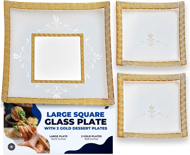 GAC Elegant Set of 3 Square Tempered Glass Platters  Plates  1 Large 13x13Inch Serving Tray  2 Stylish 8Inch Gold Dessert Plates Durable Microwave  Dishwasher Friendly Tableware Ideal Present - Image 1
