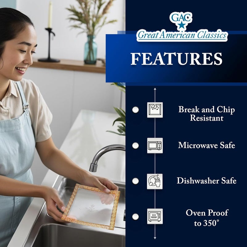 GAC Elegant Set of 3 Square Tempered Glass Platters  Plates  1 Large 13x13Inch Serving Tray  2 Stylish 8Inch Gold Dessert Plates Durable Microwave  Dishwasher Friendly Tableware Ideal Present - Image 3