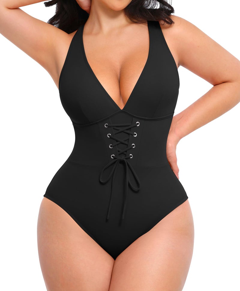 SHAPELLX Slimming Bathing Suits Tummy Control V Neck One Piece Swimsuits for Women with Crisscross Back Black L - Image 1
