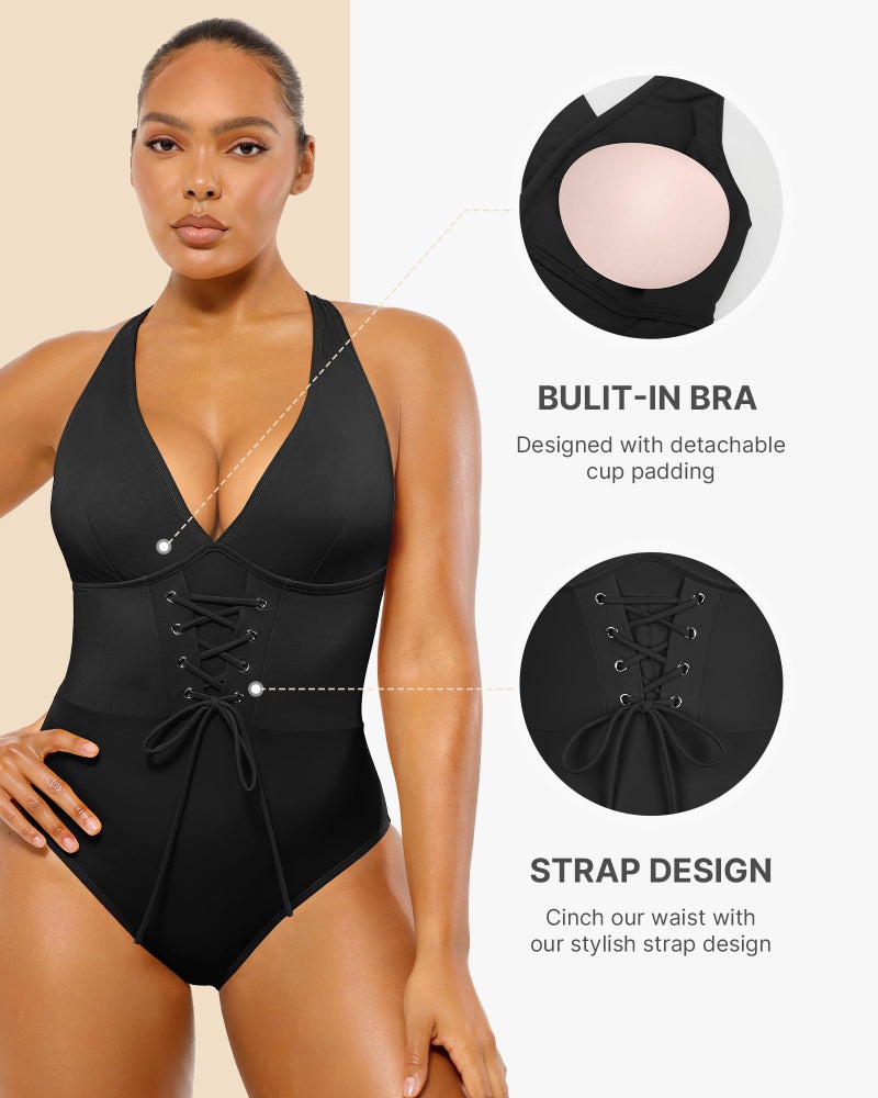 SHAPELLX Slimming Bathing Suits Tummy Control V Neck One Piece Swimsuits for Women with Crisscross Back Black L - Image 4