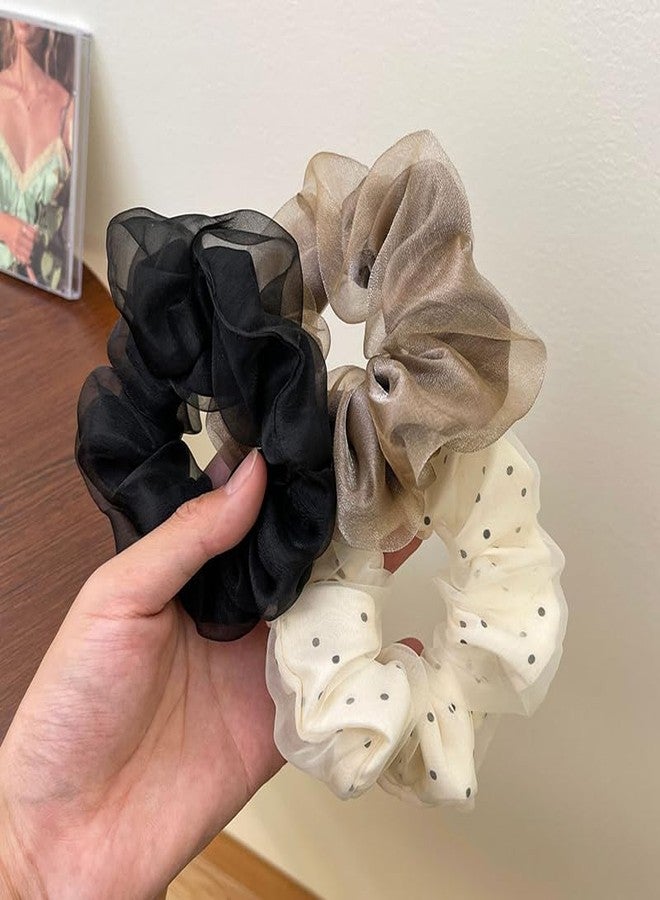 Guqqeuc Organza Scrunchie Large Hair Elastics for Women Girls Organza Solid Color Hair Ponytail Holders for Women Big Hair Bobbles for Thick Long Hair Rubber Bands for Girls 3 Pcs - Image 4