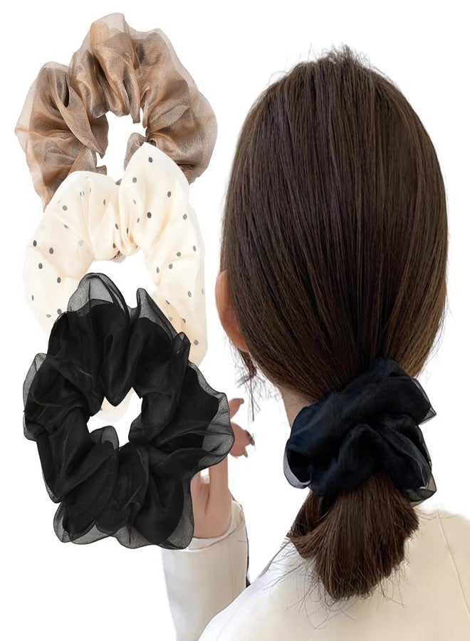 Guqqeuc Organza Scrunchie Large Hair Elastics for Women Girls Organza Solid Color Hair Ponytail Holders for Women Big Hair Bobbles for Thick Long Hair Rubber Bands for Girls 3 Pcs - Image 1