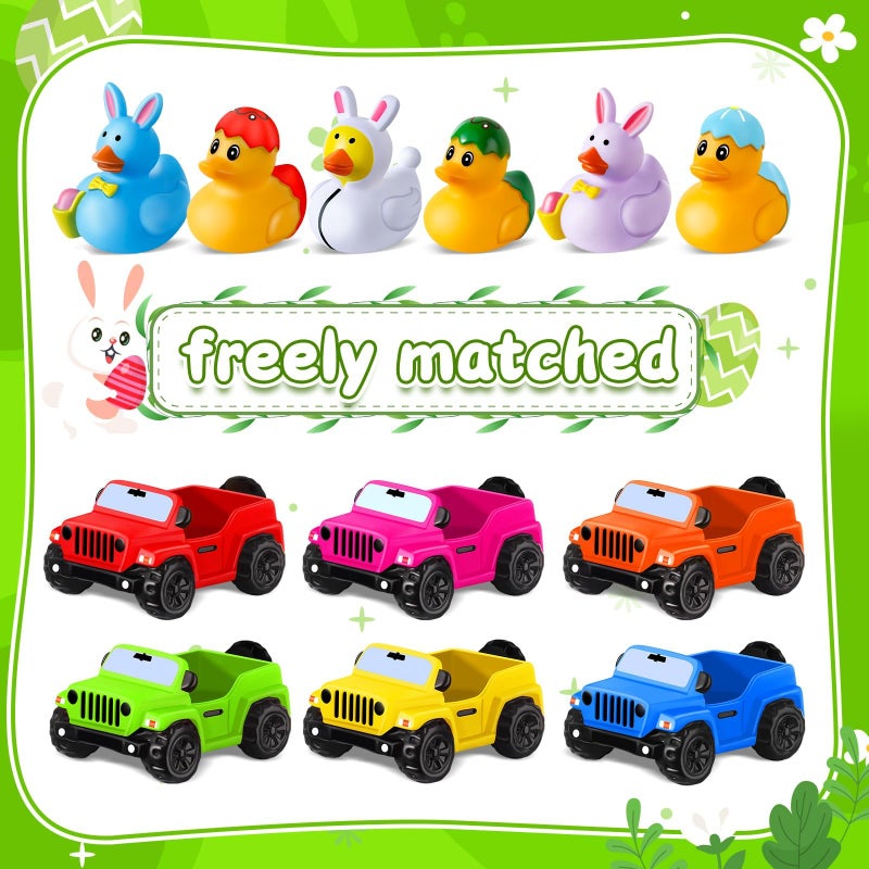 ANGGIKO 24 Pcs Easter Rubber Ducks for Jeeps, Easter Basket Stuffers Easter Egg Fillers, Ducks for Ducking3.5 Inch Cars for 2 Inch Ducks, 12 Easter Ducks with 12 Off-Road Vehicle, Easter Party Favors Gifts - Image 2