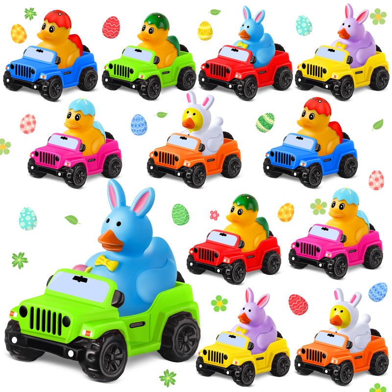 ANGGIKO 24 Pcs Easter Rubber Ducks for Jeeps, Easter Basket Stuffers Easter Egg Fillers, Ducks for Ducking3.5 Inch Cars for 2 Inch Ducks, 12 Easter Ducks with 12 Off-Road Vehicle, Easter Party Favors Gifts - Image 1