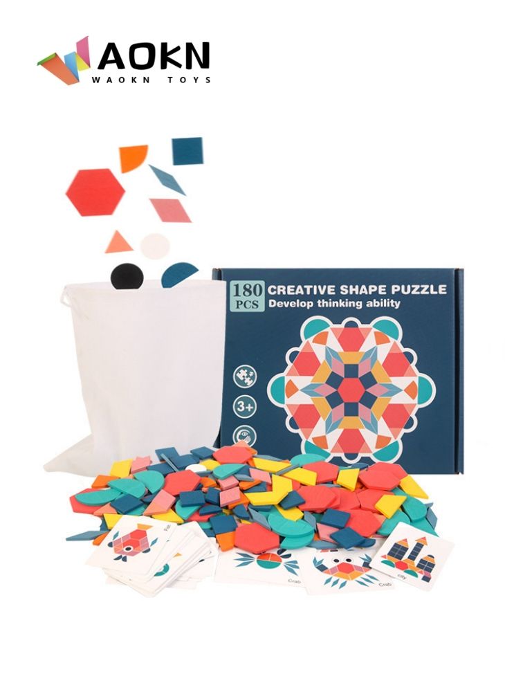 دبليو أيه أو كي أن 180 قطعة خشبية نمط التانجرام كتل مجموعة هندسية المتلاعبة شكل لغز رياض الأطفال الكلاسيكية التعليمية مونتيسوري اللعب للأطفال الصغار - Image 2