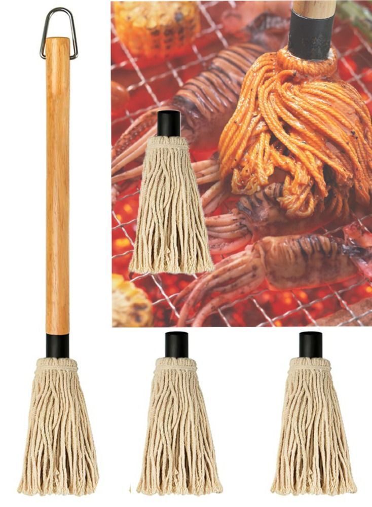 NIBEMINENT 18 Inches BBQ Basting Mop with Wooden Handle 3 Extra Replacement Designed to Absorb Sauce Brush for Grill Perfect Barbecue Grilling Cooking or Cleaningc - Image 1