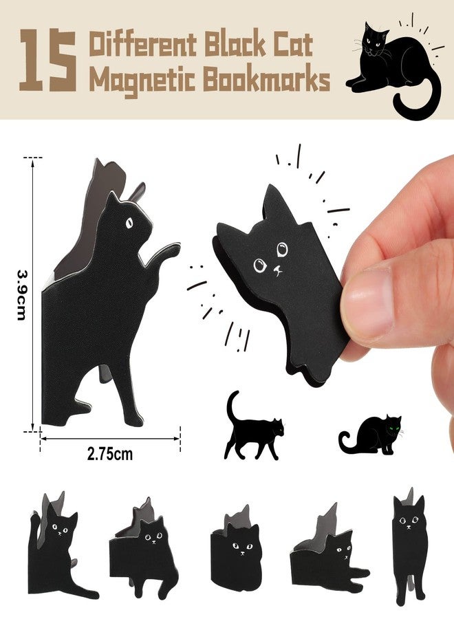 Teling 30 Pieces Black Cat Magnetic Bookmarks Assorted Cute Cat Bookmark Magnetic Book Page Clips Kawaii Animal Page Markers for Book Lovers Gifts Xmas Office Home Supplies, 15 Styles - Image 2