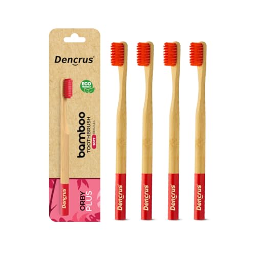 Dencrus Orby Plus Bamboo Toothbrush for Adults (Pack of 4) | 100% Natural & Eco Friendly Manual Toothbrush | Ultra Soft Bristles for Gentle Sensitive Gum Care | Red - Image 1