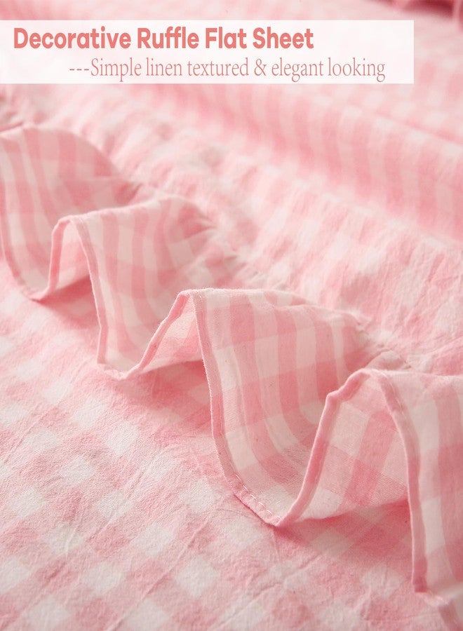 K MASANIJI Peach Blush White Plaid Ruffle Gingham Sheets Full Size 4-Piece Set, 300TC 100% Yarn Dyed Cotton Sheets 18 in Deep Pocket Kids Preppy Decorative Bedding (Blush/White Plaid, Full) - Image 3