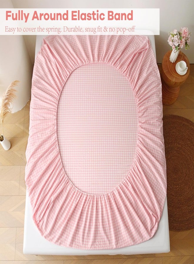 K MASANIJI Peach Blush White Plaid Ruffle Gingham Sheets Full Size 4-Piece Set, 300TC 100% Yarn Dyed Cotton Sheets 18 in Deep Pocket Kids Preppy Decorative Bedding (Blush/White Plaid, Full) - Image 4
