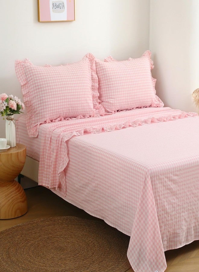 K MASANIJI Peach Blush White Plaid Ruffle Gingham Sheets Full Size 4-Piece Set, 300TC 100% Yarn Dyed Cotton Sheets 18 in Deep Pocket Kids Preppy Decorative Bedding (Blush/White Plaid, Full) - Image 1