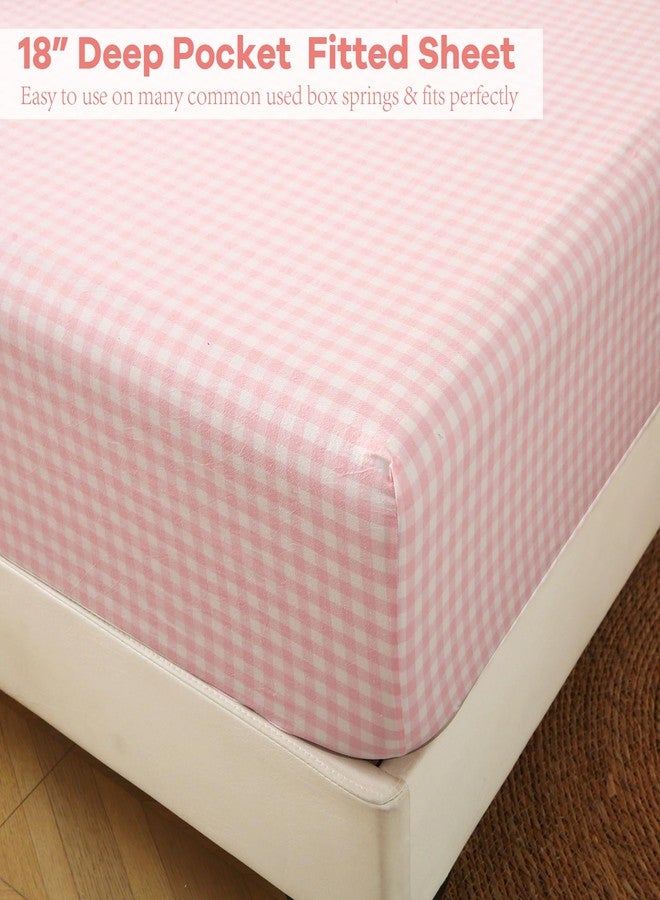 K MASANIJI Peach Blush White Plaid Ruffle Gingham Sheets Full Size 4-Piece Set, 300TC 100% Yarn Dyed Cotton Sheets 18 in Deep Pocket Kids Preppy Decorative Bedding (Blush/White Plaid, Full) - Image 5
