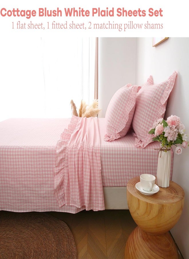 K MASANIJI Peach Blush White Plaid Ruffle Gingham Sheets Full Size 4-Piece Set, 300TC 100% Yarn Dyed Cotton Sheets 18 in Deep Pocket Kids Preppy Decorative Bedding (Blush/White Plaid, Full) - Image 2