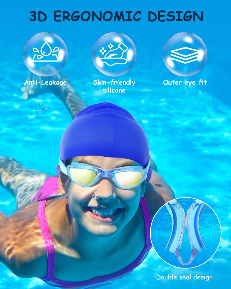 Hurdilen Kids Swim Goggles, Swimming Goggles for Kids Toddlers 3-14 with Swim Cap, Nose Clip, Nose Bridge, Ear Plugs - Image 5