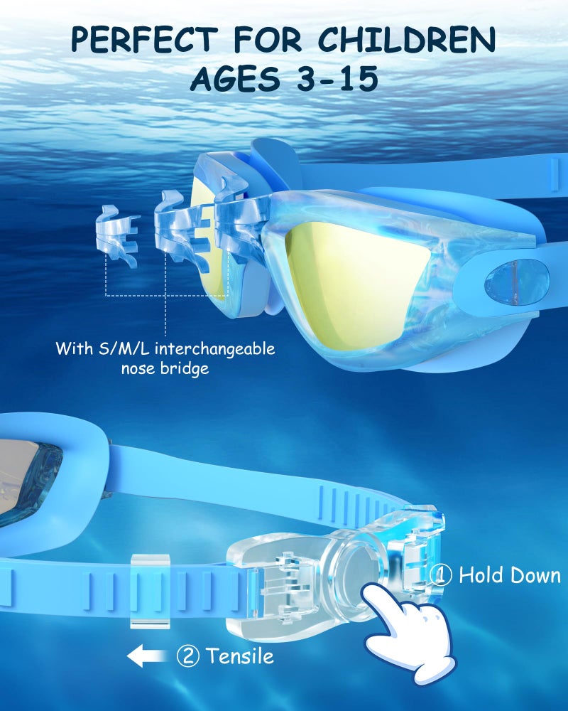 Hurdilen Kids Swim Goggles, Swimming Goggles for Kids Toddlers 3-14 with Swim Cap, Nose Clip, Nose Bridge, Ear Plugs - Image 2