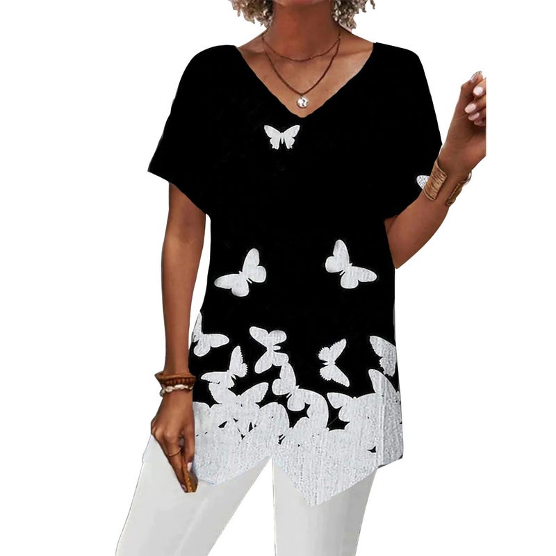 2023 Summer New European and American Cross-border Women's Wear TEMU Independent Station Geometric Printed Loose Irregular Short-sleeved T-shirt - Image 1