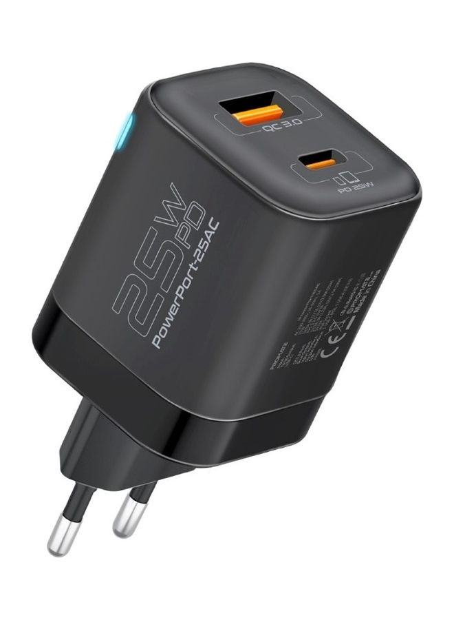 PROMATE 25W USB-C Wall Charger PD with EU 2-Pin Plug, Fast Charging, 18W QC 3.0 Port, Adaptive Smart Charging, Short-Circuit Protection, Compatible with iPhone 17, Samsung S26, iPad Air - PowerPort-25AC, Black - Image 1