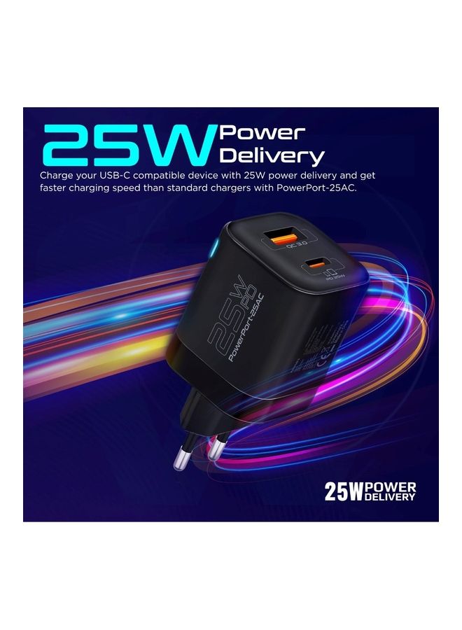 PROMATE 25W USB-C Wall Charger PD with EU 2-Pin Plug, Fast Charging, 18W QC 3.0 Port, Adaptive Smart Charging, Short-Circuit Protection, Compatible with iPhone 17, Samsung S26, iPad Air - PowerPort-25AC, Black - Image 2