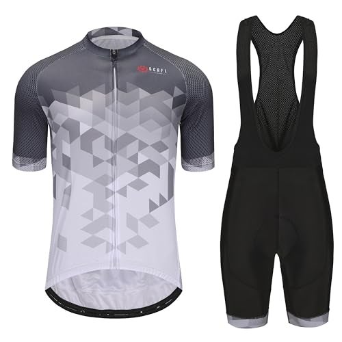 GCRFL Men's Cycling Jersey Set Road Bike Shorts Sleeves Jersey Zipper Pokcet Bib Shorts with Padded, Cycling Clothing kit Men (Grey White, XL) - Image 1