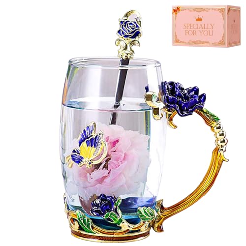 DasyFly Enamel Glass Tea Cup Blue Rose Coffee Mug,Personalized Gifts for Birthday Mothers Day Anniversary Christmas For Mom,Women,Wife,Coworker,Friend,Female,Sister,Girlfriend,Grandma - Image 1