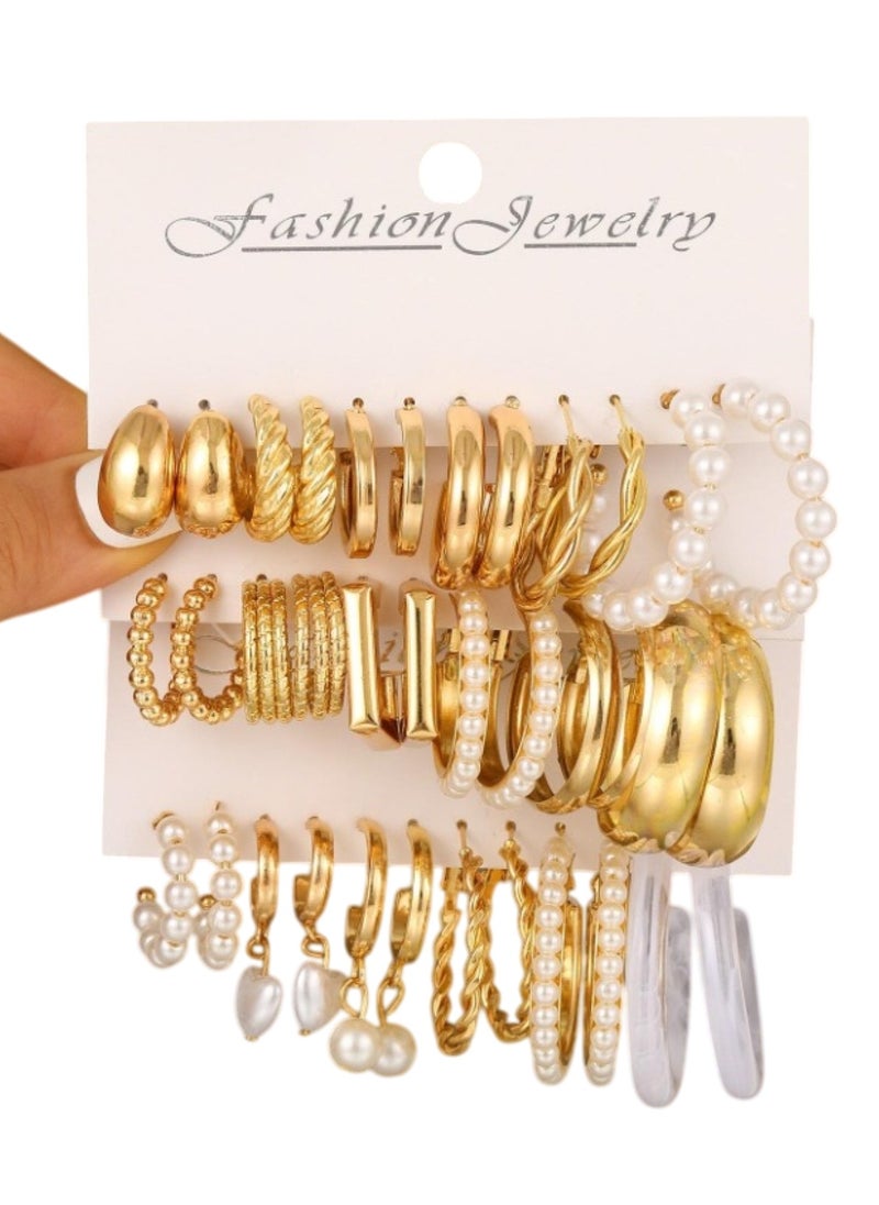 Huitich 18-Piece Gold Colour Hoop & Pearl Earrings Set  - Image 1