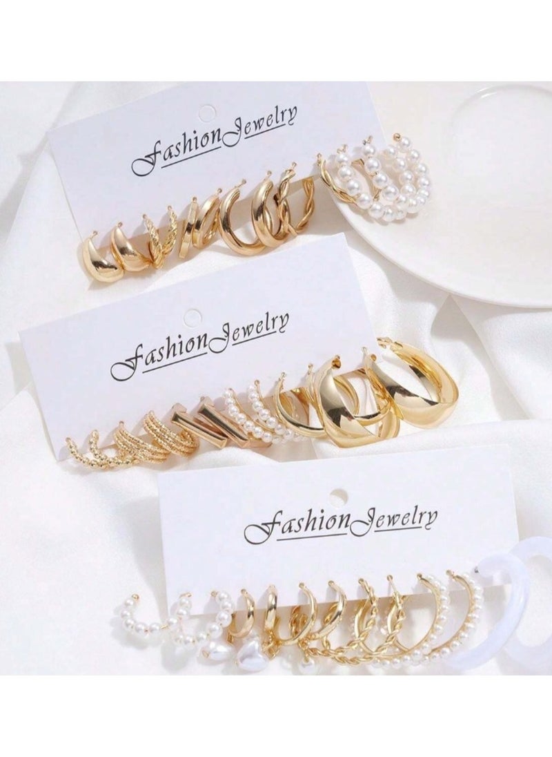 Huitich 18-Piece Gold Colour Hoop & Pearl Earrings Set  - Image 2