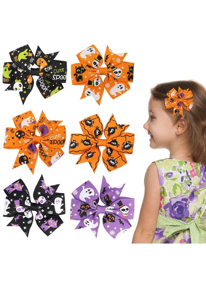 Sibba 6 Pieces Bow Hair Pins Halloween Hair Bows Clip Pumpkin Bat Pattern Boutique Clip Barrette Accessories For Girls - Image 1