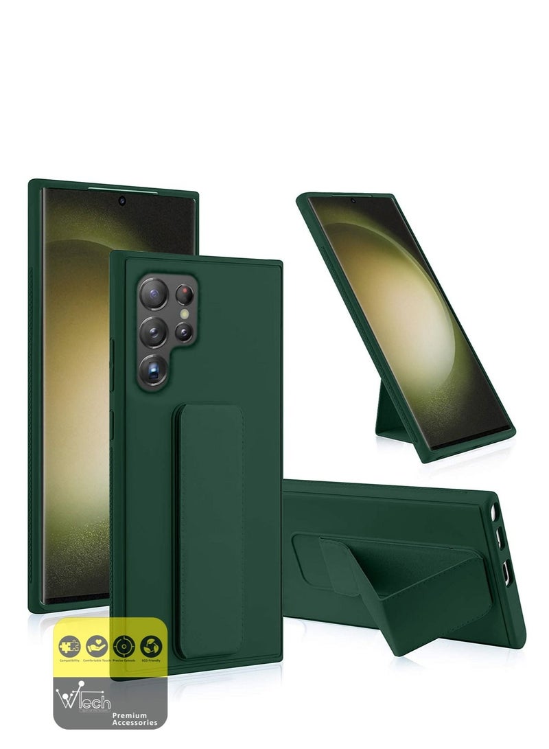 Wtech Hand Grip and Multi Stand Magnetic Car Mount Kickstand Case Finger Strap Cover For Samsung Galaxy S23 Ultra Dark Green - Image 1