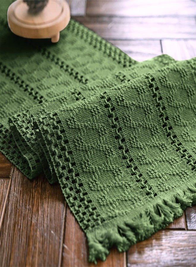 Alynsehom Macrame Table Runner Green Boho Table Runners with Tassels Hand Woven Cotton Table Runner Rustic Farmhouse Table Runners for Bohemian Kitchen Dining Table(12x48in) - Image 1