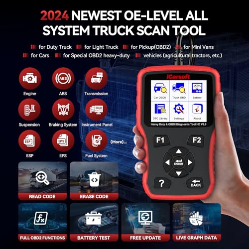 iCarsoft Heavy Duty Truck Scanner, iCarsoft HD V3.0 Multi-System OBD2 Diagnostic Scan Tool for Truck, Car, Mini Van, Light Duty Vehicle, Code Reader,Battery Test, Graphic Data Display-Red - Image 2